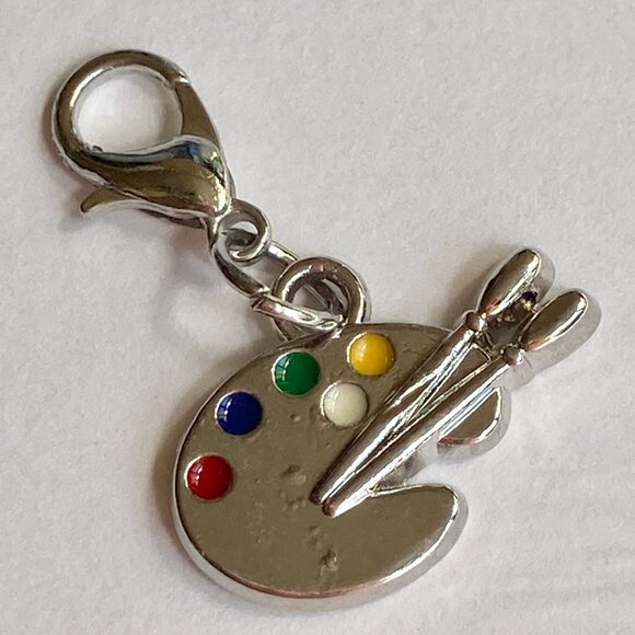Art Palette Charm Clip On Zipper Pull Purse Bag Silver Tone Enamel Artist Gift - Picture 3 of 6